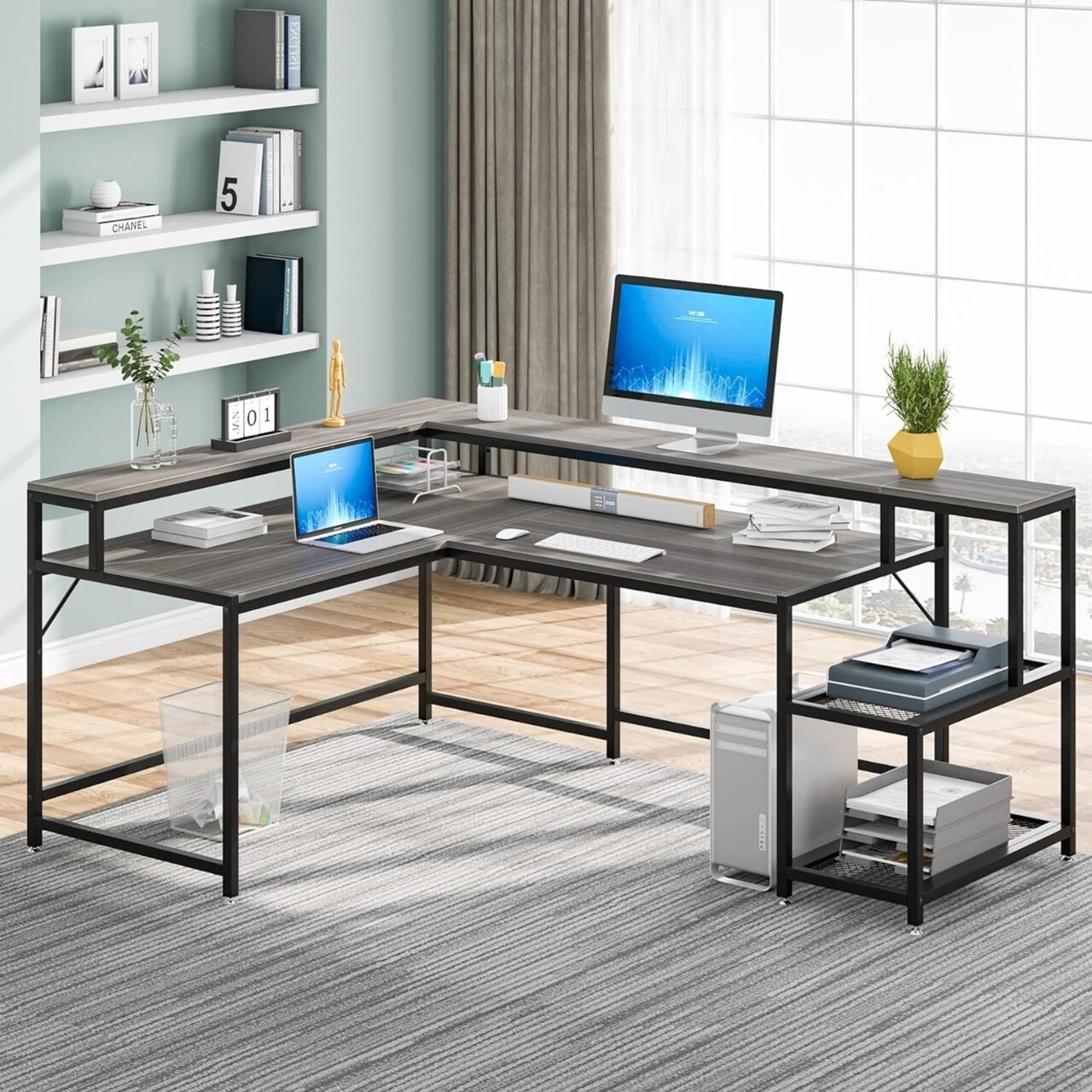 L Shaped Computer Desk 69" With Monitor Stand Reversible Corner Desk Storage Shelf